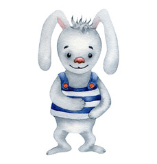 Watercolor illustration with cartoon standing bunny isolated on the white background. Hand painted watercolor clipart. - 470054844