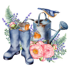 Watercolor illustration with rubber boots, watering can, sparrow and tit bird, lavender and roses, isolated on the white background. Hand painted watercolor clipart. - 470054847
