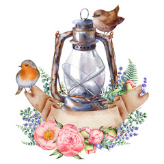 Watercolor illustration with vintage kerosene lamp, sparrow and robin bird, lavender and roses, isolated on the white background. Hand painted watercolor clipart. - 470054849