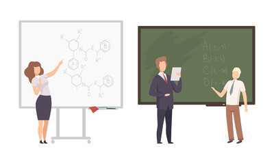 Teacher or University Professor Standing in Front of Chalkboard Explaining Lesson Vector Set