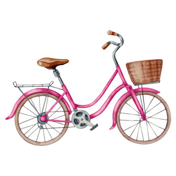 Watercolor illustration with pink bicycle and basket isolated on the white background. Hand painted watercolor clipart.