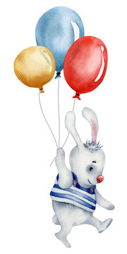 Watercolor illustration with cartoon bunny and colorful balloons,  isolated on the white background. Hand painted watercolor clipart.