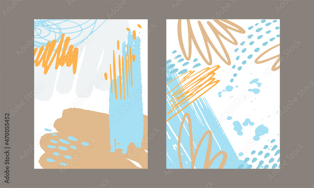 Poster card with brush stroke and dots scribble design vector set