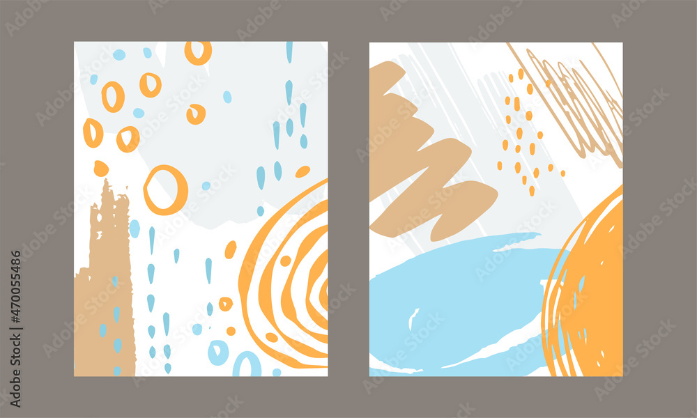 Poster card with brush stroke and dots scribble design vector set