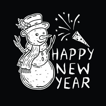 happy new year snowman illustration black and white