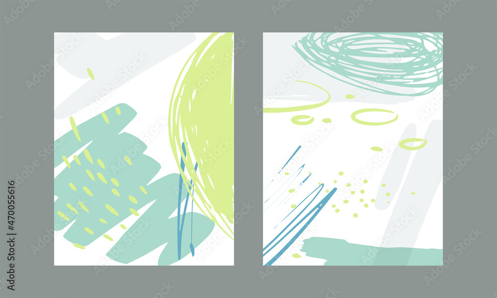 Poster card with brush stroke and dots scribble design vector set