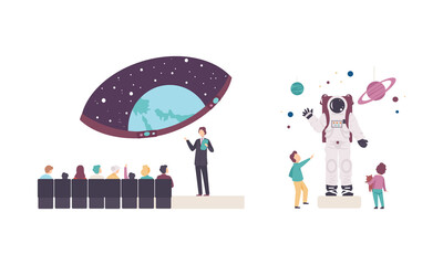 People Character Visiting Planetarium Learning about Astronomy and Night Sky Vector Set