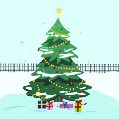 Decorated christmas tree with gift boxes, star, lights, decoration balls and lamps. Merry Christmas
and a happy new year. Modern flats style vector illustration.