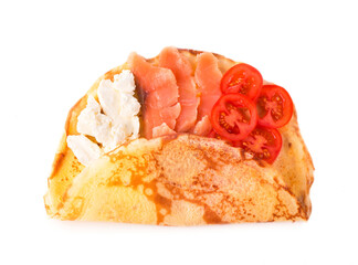 pancakes with salmon tomato and cream cheese on white background