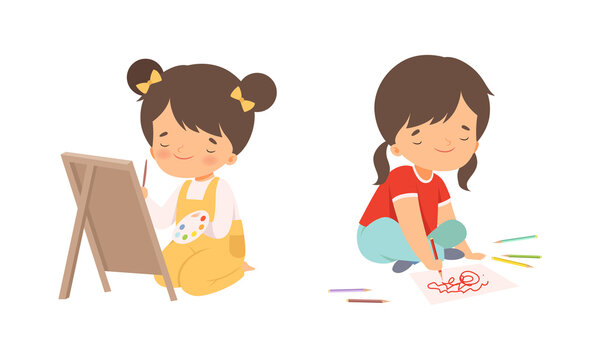 Little Girl Drawing on Paper with Colored Pencil and Brush Vector Set