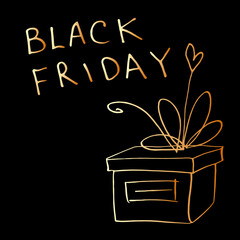 Vector poster with the title Black Friday and contour drawing of the gift . Theme of shopping, discounts and sales in the style of doodles, isolated, hand drawn