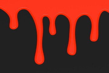 Red paint flows on black background. Red liquid. Drops of blood. Flowing red water. Black background. Horizontal image. 3d image. 3d rendering.