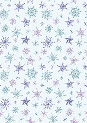 Seamless pattern with hand-drawn multicolored snowflakes.
