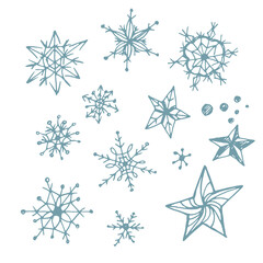 A set of sketches of snowflakes and stars.