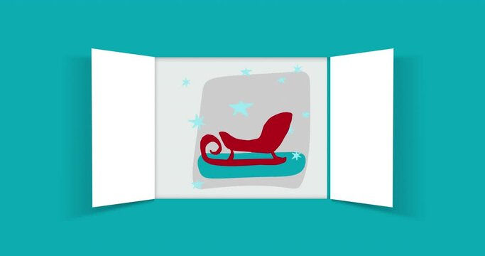 Christmas advent calendar door opening on blue background. On Christmas day an open wide doors with holiday illustrations. Animation festive Christmas illustration. 4K video graphic
