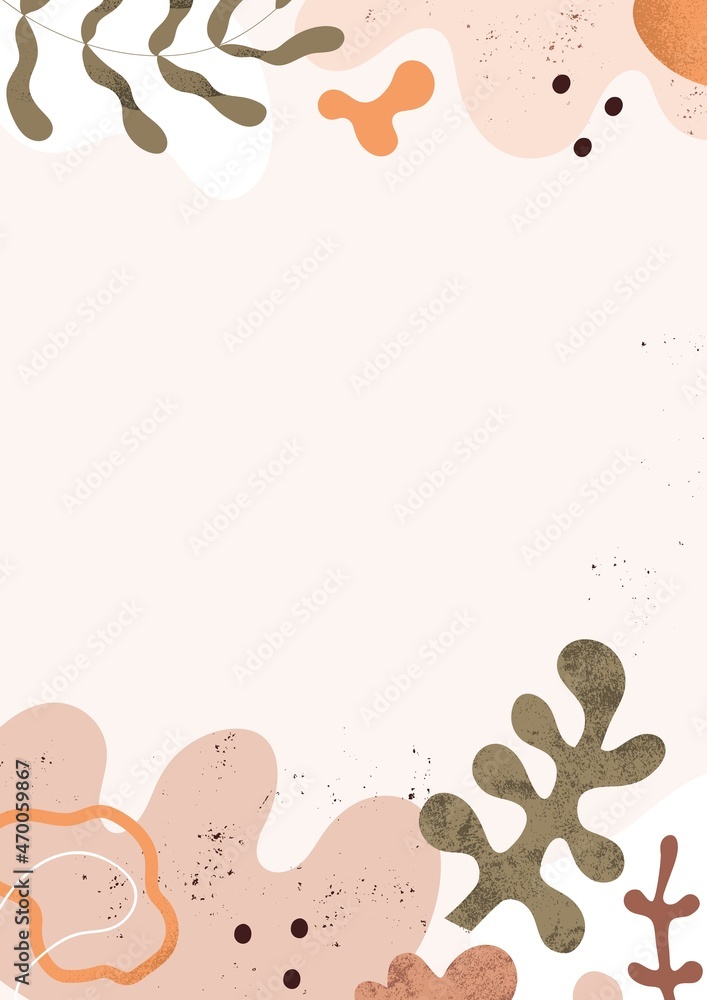 Fototapete Minimal card design with background and modern abstract shapes, creative geometric and botanical elements. Trendy minimalist pattern with leaves and blobs on vertical banner. Flat vector illustration