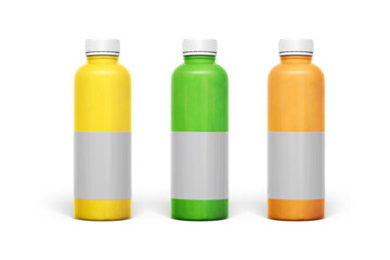 Fresh apple, orange and apple carrot juice in plastic bottle isolated on white background. Healthy nutrition. Detox juice diet. 3d rendering. Smoothies bottle mockup. Juice bottle mockup.