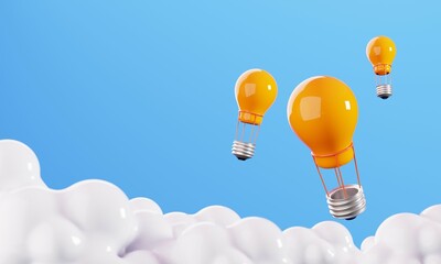 Minimal light bulb balloons in sky. Creative idea concept, 3D illustration