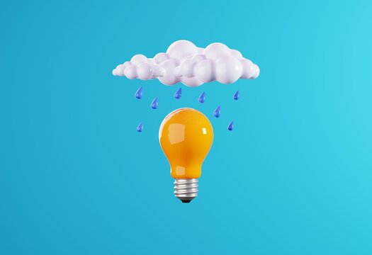 Cloud and rain floating above yellow lightbulb on blue background. minimal concept creative idea, 3D illustration