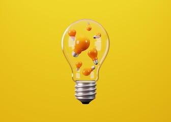 Glass light bulb and yellow light bulbs inside on yellow background. Minimal concept of idea, 3D illustration