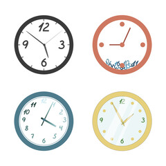 
Collection wall clock different colors. Icons clock in flat vector style. Set of cartoon style office hours. Isolated on white background.