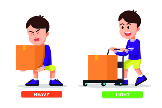 Cute boy carries a heavy cardboard in a different way