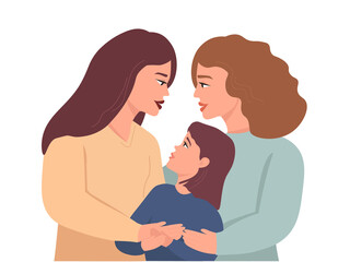 A happy family look at each other with love. A couple of lesbians became parents of a daughter. The concept of tolerance, equality of homosexual relations. Vector graphics.