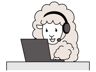 パソコンで通話をする羊　テレアポ　テレワーク