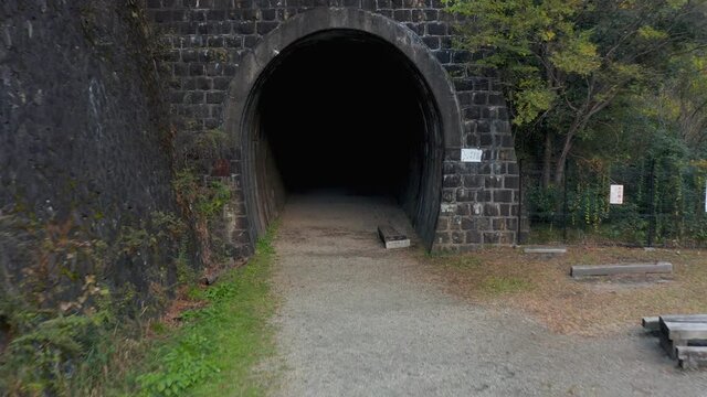 Dark Tunnel on Takedao Abandoned Railway Hike, Aerial Pullback Reveal