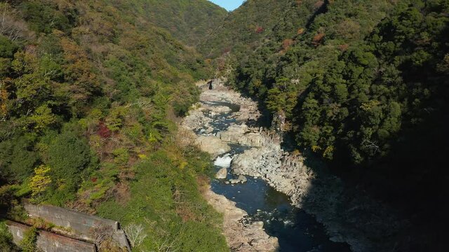 Aerial view of Autumn Mountains on Takedao Abandoned Railway Hike, Japan
