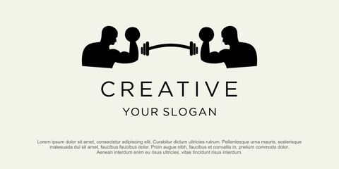Fitness Gym logo design template with exercising athletic man and woman isolated on white, vector illustration