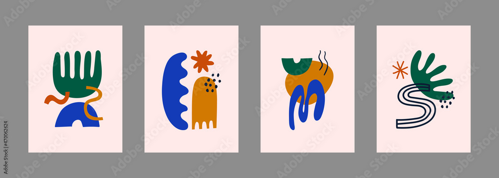 Poster Vector set of posters with abstract geometric shapes and objects. Trendy organic and minimalistic design