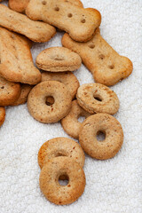 Different shapes of dog treat biscuits on light and neutral tabletop
