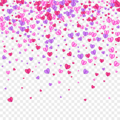 Pink Heart Background Transparent Vector. Anniversary Illustration Confetti. Red Bright Frame. Violet Heart Romance Backdrop. Tender Birthday Pattern.