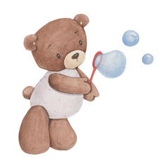 baby cute brown bear with soap bubbles. watercolor illustration. For posters, postcards, stickers, children's decor, etc.