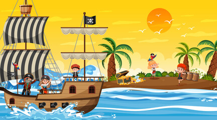 Treasure Island scene at sunset time with Pirate kids © brgfx