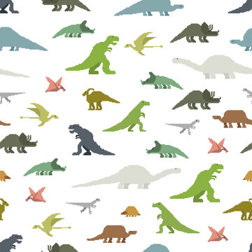 Dinosaurs pixel art seamless pattern. 8bit Dino texture. pixelated Prehistoric monster lizard background. Ancient animal cartoon style. Childrens cloth ornament. Vector illustration