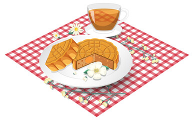 Salted egg yolk mooncake with teacup set on tablecloth