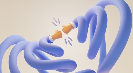 Two long cartoon hands in shape spiral fist bump. Greeting gesture, together punching each other or handshake. Boneless elastic arms in blue sleeve on beige background, 3d render illustration