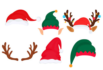 Christmas props. Photo booth and scrapbooking set. Deer antlers, elf hat and ears, santa claus, gnome