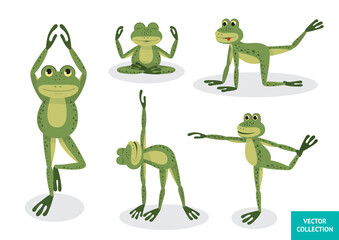 Funny Frogs doing yoga. Frogs in different poses. Vector illustration. Vector collection, set