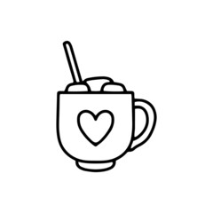 Vector linear illustration with cup, spoon and marshmallows. Coffee and tea drinks icon