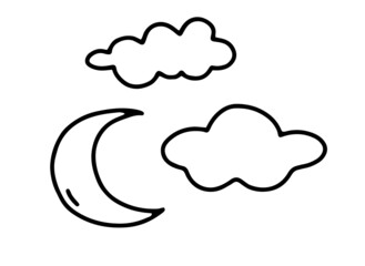 Linear vector illustration of crescent and clouds in cartoon style. Black and white illustration for nursery