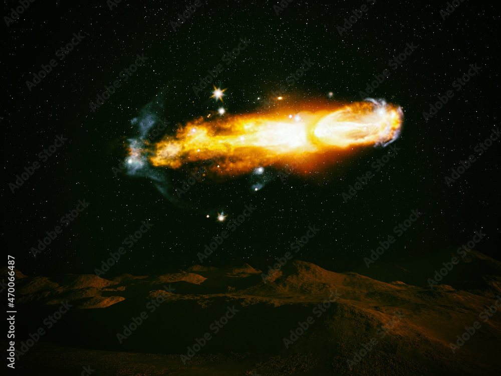 Poster alien planet. landscape with stars and nebula in sky. elements of this image furnished by nasa.