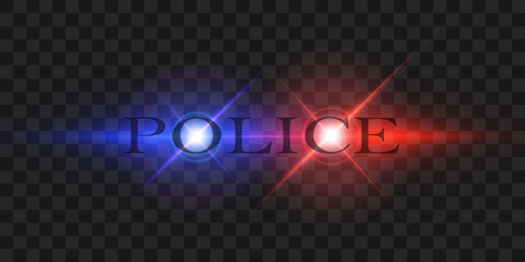 Flashlights and sirens. Bright special red blue police light beams at night for your design.