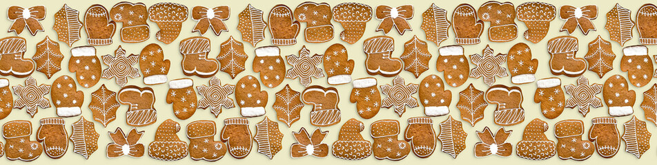 Banner with Christmas gingerbread cookies on beige background.