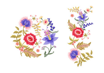 Fantasy flowers in retro, vintage, jacobean embroidery style. Clip art, set of elements for design Vector illustration.