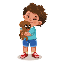 Vector illustration of a happy boy hugging a cute dog.