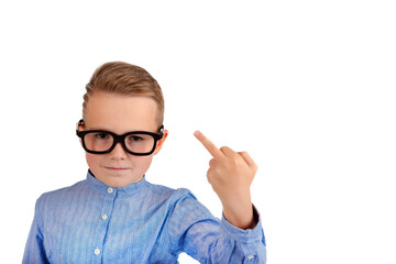 Cute 9s boy kid wearing glasses showing middle finger gesture on the white isolated background.Copy...