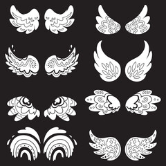 Cartoon angel wings collection isolated on black background. Vector illustration